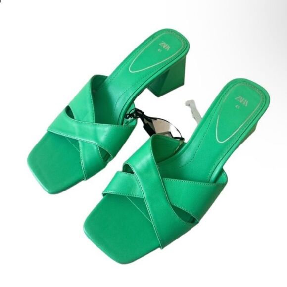 ZARA Green Block Wide Heeled Sandals NWT - Picture 2 of 12